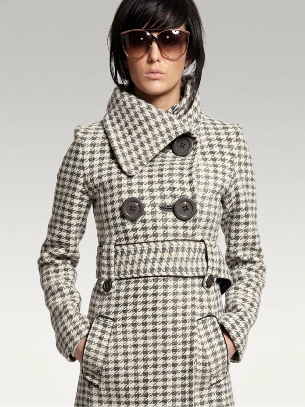 Soia & Kyo Wool blend Houndstooth Double-Breasted Pea Coat - Cream & Gray.